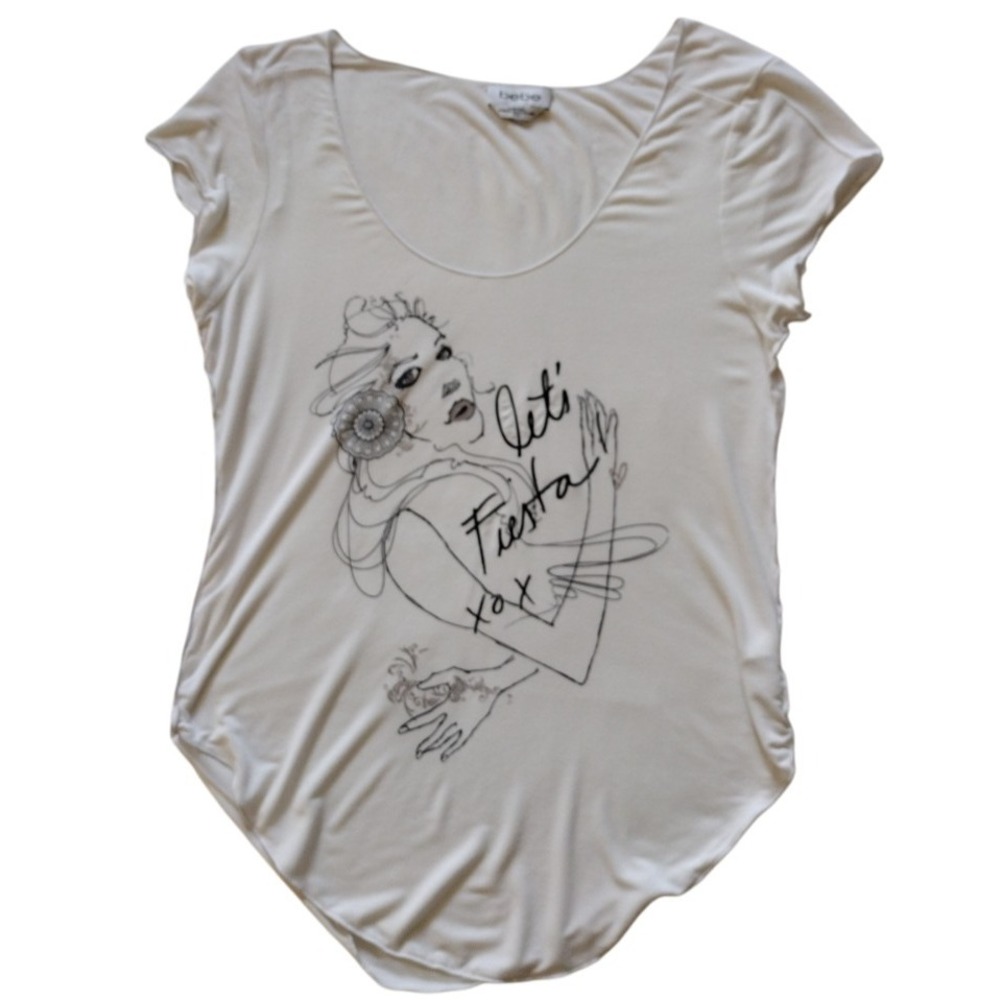 Bebe Top Woman's M White Female Pop Art Graphic Short Sleeve Scoop Neck